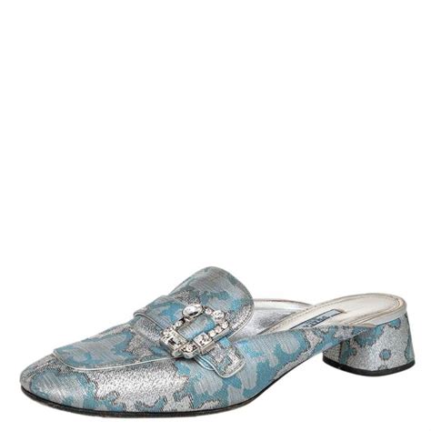 prada blue silver brocade platform sandals|Prada high heeled sandals.